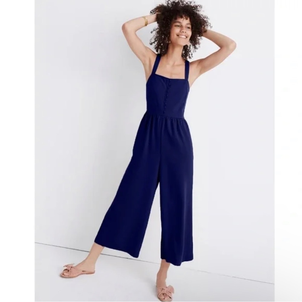 Madewell Smocked Button-Front Crop Jumpsuit Navy Blue Size 00